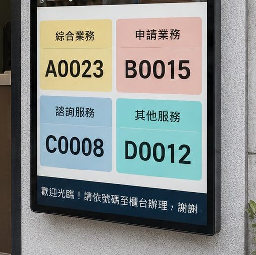看板依綜合業務、申請業務等分流顯示叫號