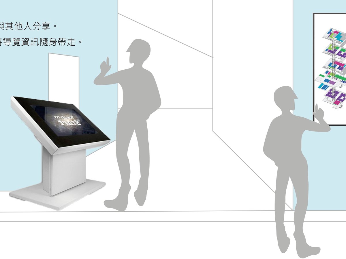 空間出入口的觸控導覽機與樓層導覽看板