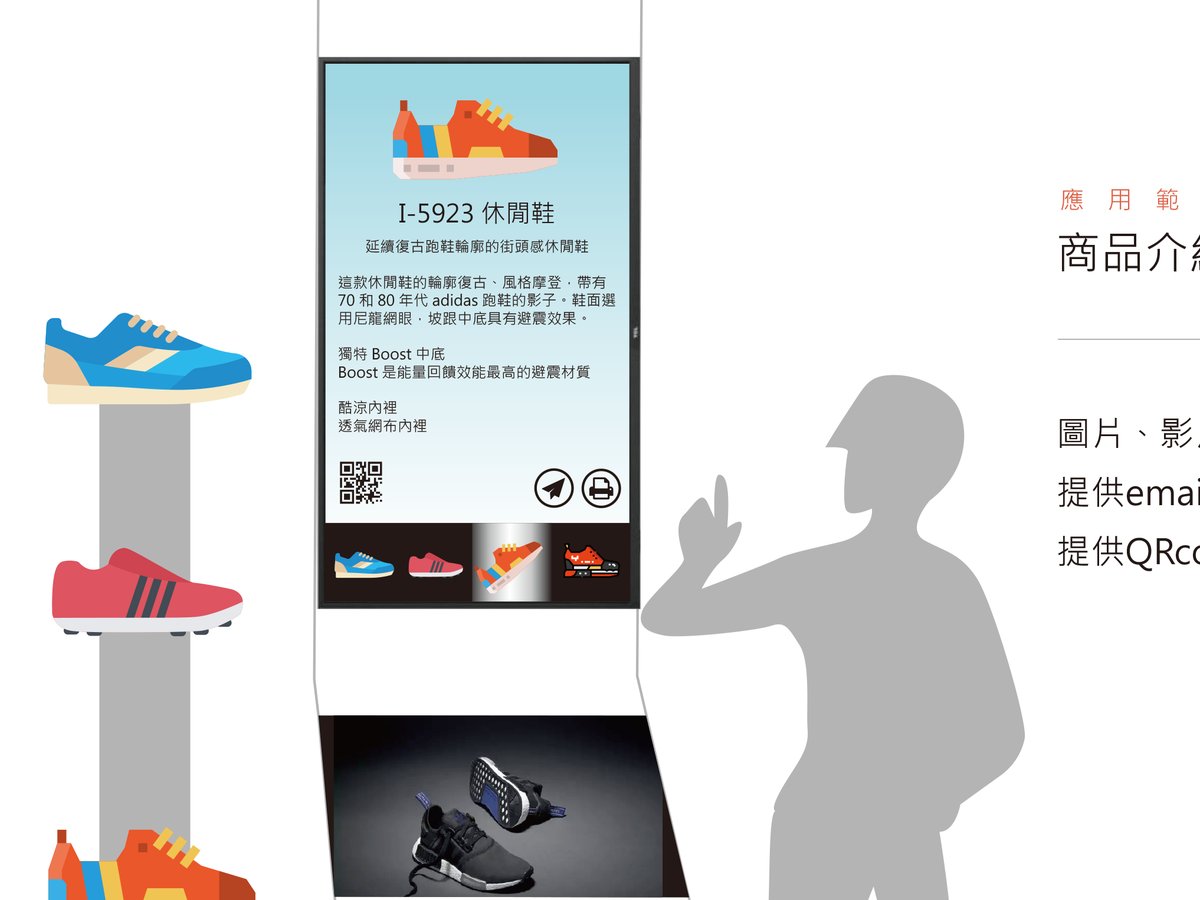 商品陳列旁的直式觸控螢幕顯示商品介紹