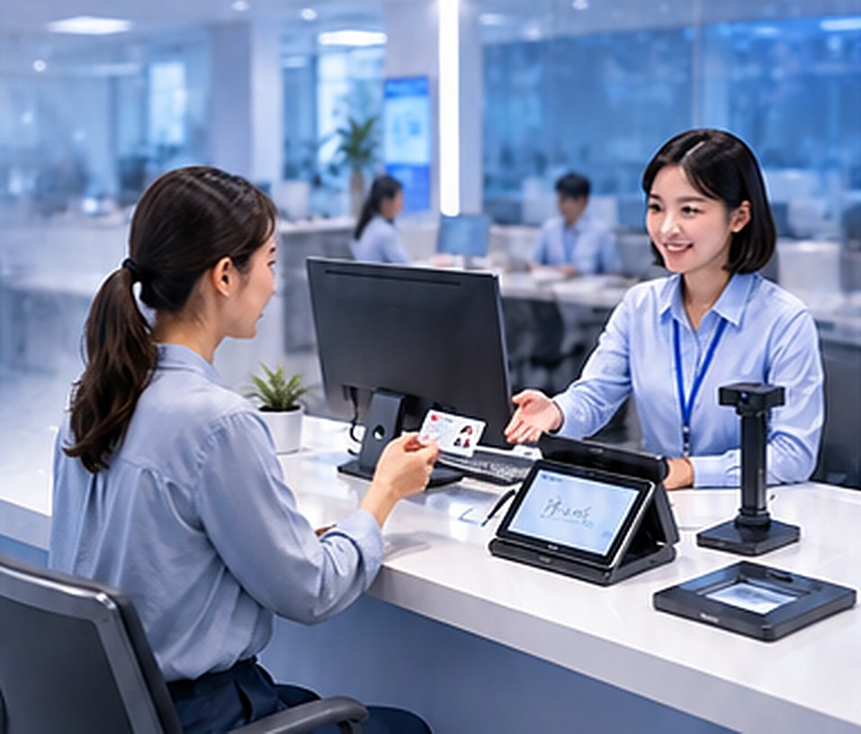 民眾在臨櫃出示證件，服務人員以電子簽名板與證件掃描器辦理文件作業