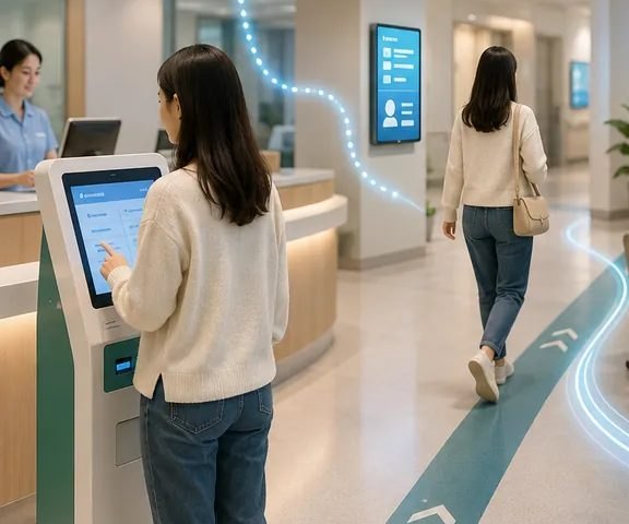 民眾在自助報到機插健保卡完成報到