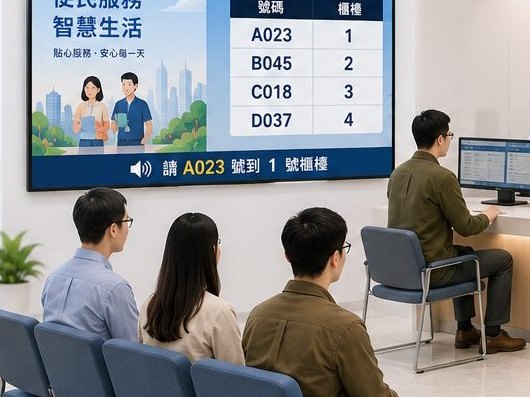 民眾在等候區看叫號看板,看板顯示號碼並語音叫號