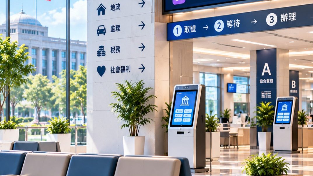 政府機關服務大廳的觸控取號機與叫號櫃檯